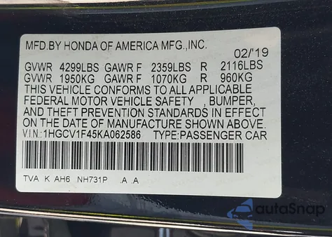 2019 Honda Accord Ex from USA, damaged, VIN 1HGCV1F45KA062586
